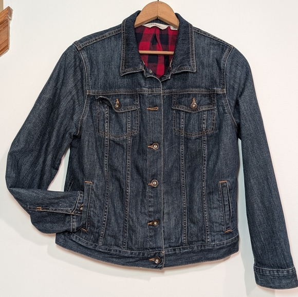 L.L. Bean Blue Denim Jean Jacket, 100% Cotton Red Plaid Flannel Lining, Large - Picture 1 of 8